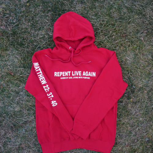 Bible Verse Hoodie in red featuring Matthew 22:37-40.