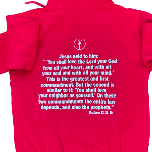 Bible Verse Hoodie in red featuring Matthew 22:37-40 christian apparel.