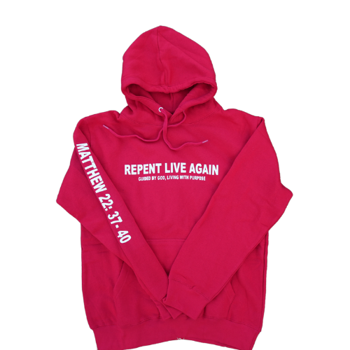 Bible Verse Hoodie in red featuring Matthew 22:37-40.