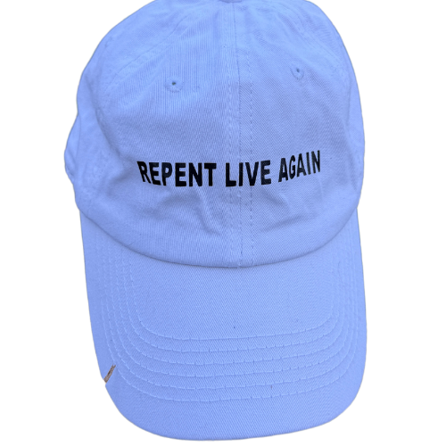 Repent Live Again Hat in white with minimalist faith-based design.